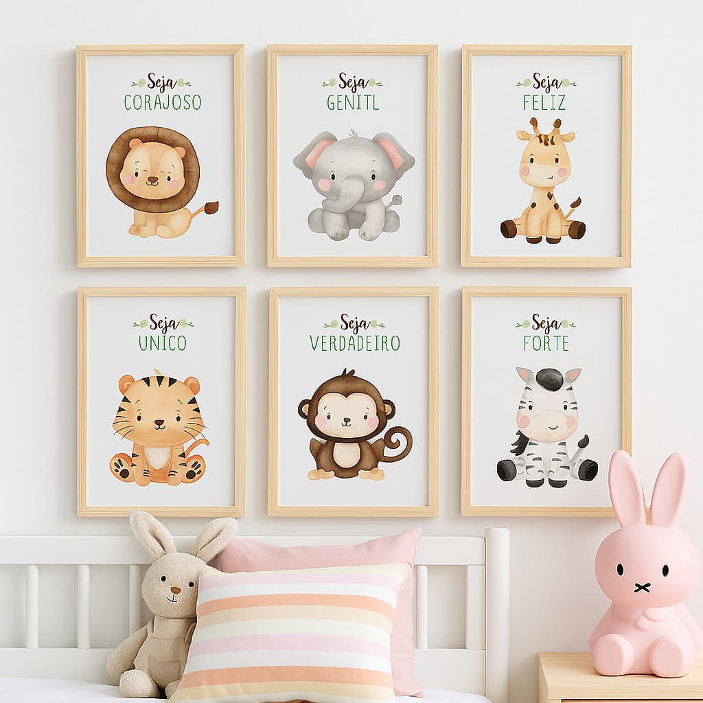 Kit com 6 Quadros Decorativos Safari Baby  20x30 Sem Moldura Quarto Infantil Menino Menina Safari