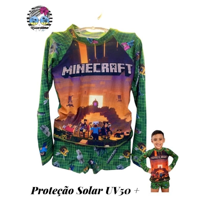 Sunga Infantil com Blusa Proteção Solar Uv50+ Juvenil Conjunto Praia Personagem Minecraft