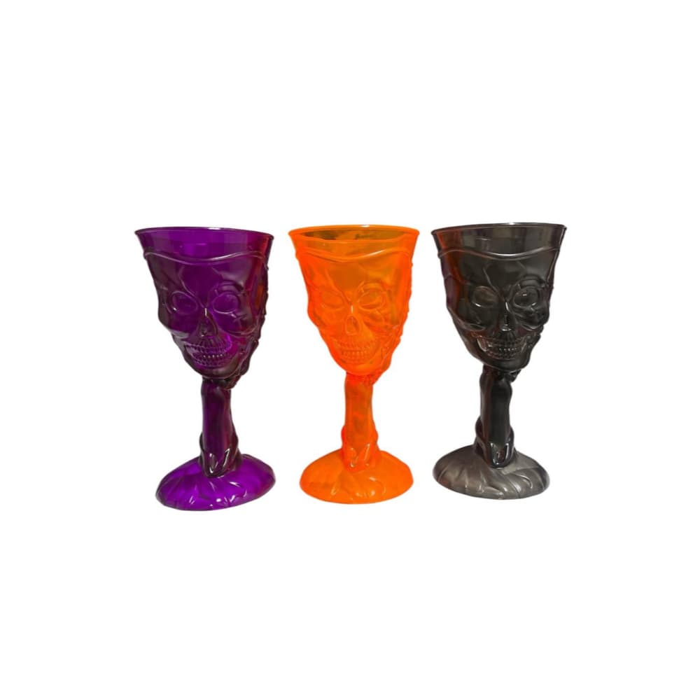 Kit 3 Taça Caveira Laranja Roxo Preto Florescente Acrilico Transparente Chic Luxo Halloween