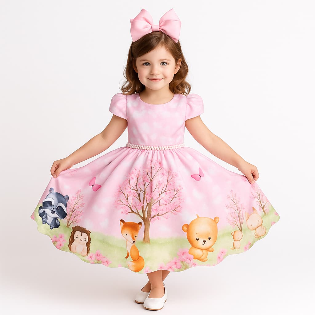 Vestido Safari Jardim Encantado Bosque Rosa Festa Temática de 1 a 4 anos