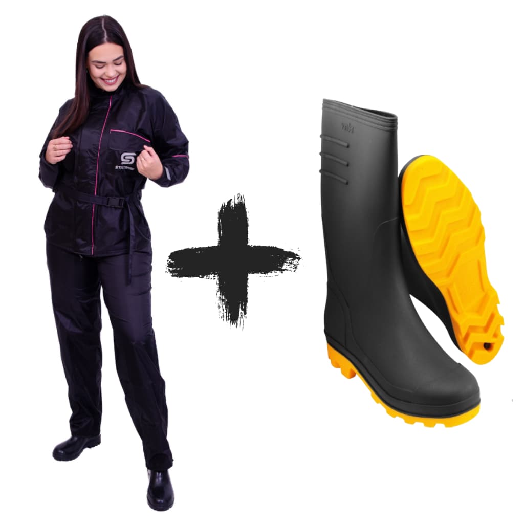 Capa Roupa Chuva Motoqueira Impermeável Nylon Feminina + Bota Galocha Pvc