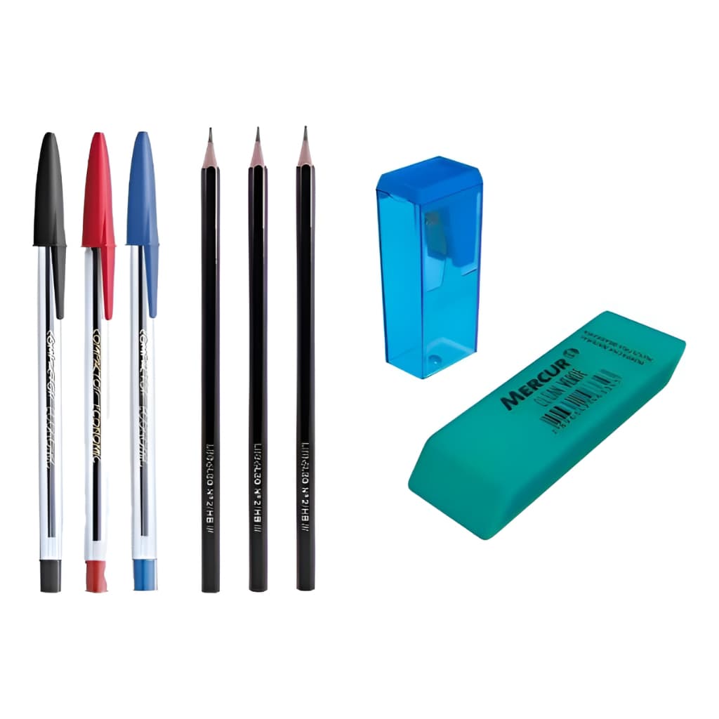 Caneta Azul Esferográfica - Lápis - Apontador - Borracha - Kit C/8un