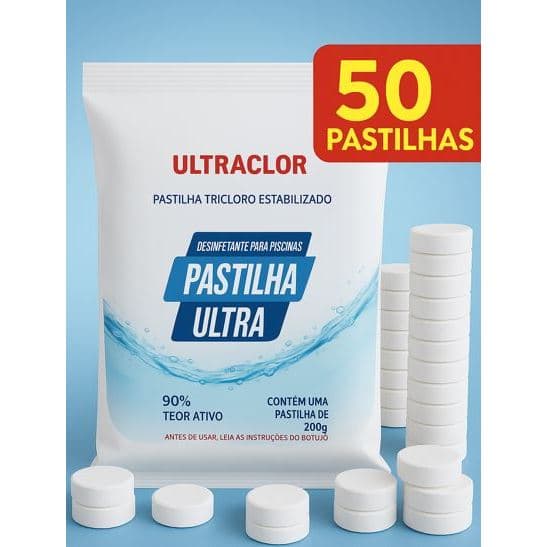 Kit 50 Pastilhas De Cloro Tablete 200g Para Piscinas Ultraclor