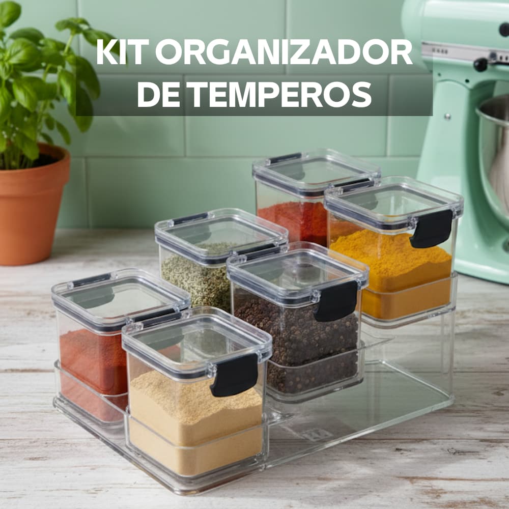 KIT ORGANIZADOR DE TEMPEROS SUPORTE + 6 POTES HERMÉTICO COZINHA GELADEIRA ARMÁRIO - PN 1830