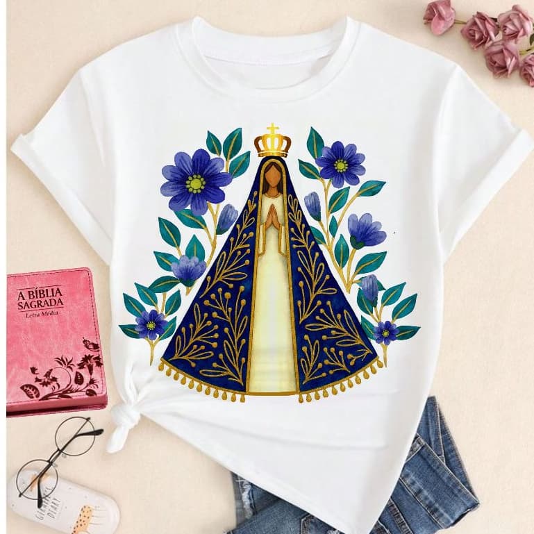 blusa t shirt NOSSA SENHORA APARECIDA FLORES FOLHAS, blusinha feminina cristã católica plus size