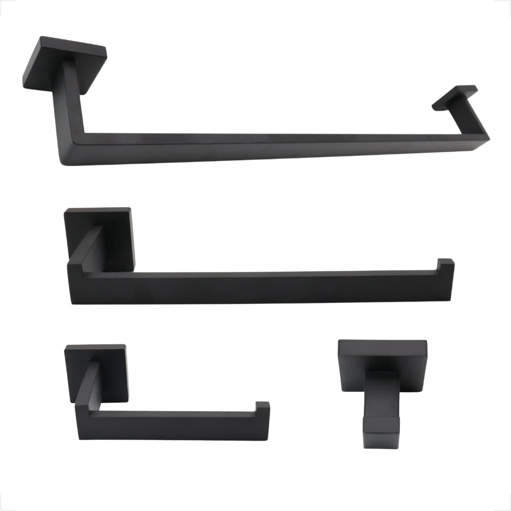 Kit 4 Porta Toalha Peças Bastão Quadrado Preto Polido Para Banheiro Moderno Decoração Suporte