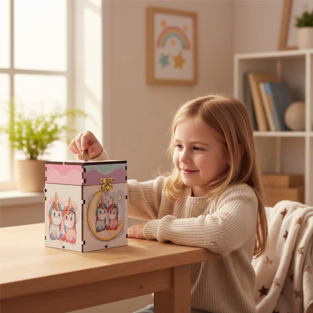 Urna Cofre Infantil Com Fecho Para Cadeado Decoração Unicórnios