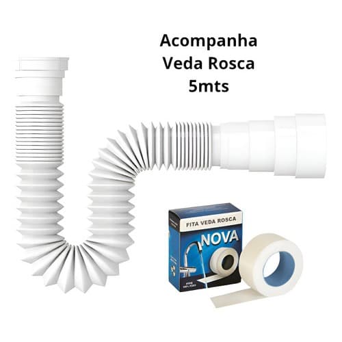 Kit Sifão Sanfonado p/Pia - Lavatório - Tanque - Veda Rosca - Cozinha - Banheiro - Pia - Sifão Flexível de PVC Branco