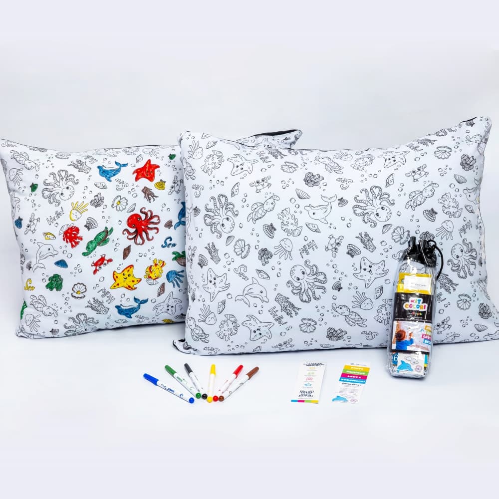 Kit Colori - 1 Fronha Infantil Para Colorir + 6 Canetinhas Laváveis - 100% Algodão Presente Infantil