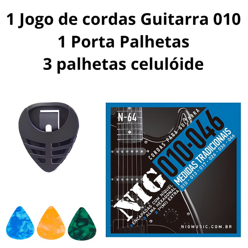 Jogo de cordas NIG 009/010 para guitarra + 1 porta palheta + 3 palhetas