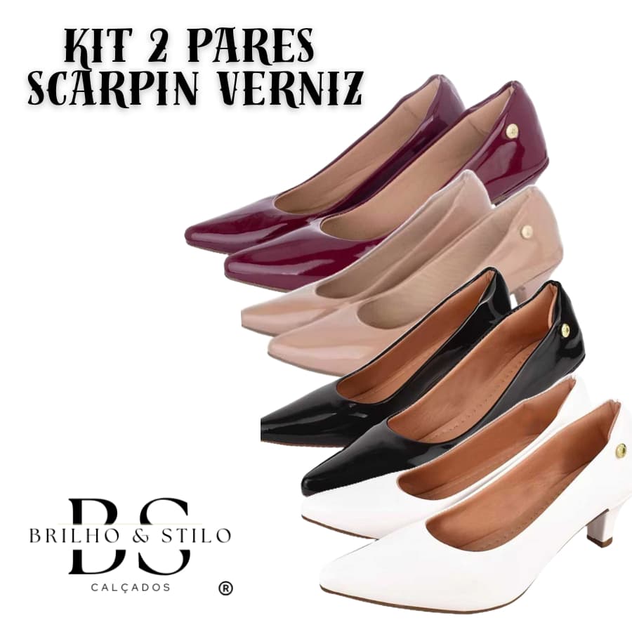 Kit Clássico 2 Sapato Scarpin Feminino Bico Fino Salto Fino Baixo Verniz Elegante Casual Social