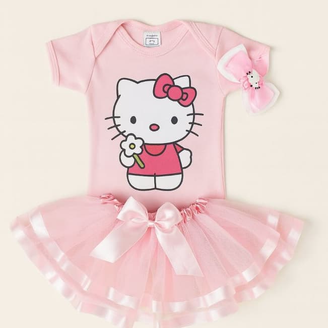 Body Bebê Temático Hello Kitty Kit Mesversário Body & Tule de Luxo & Laço