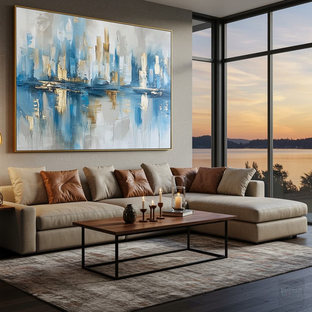 Quadro Decorativo Azul Claro e Dourado Abstrato Sala