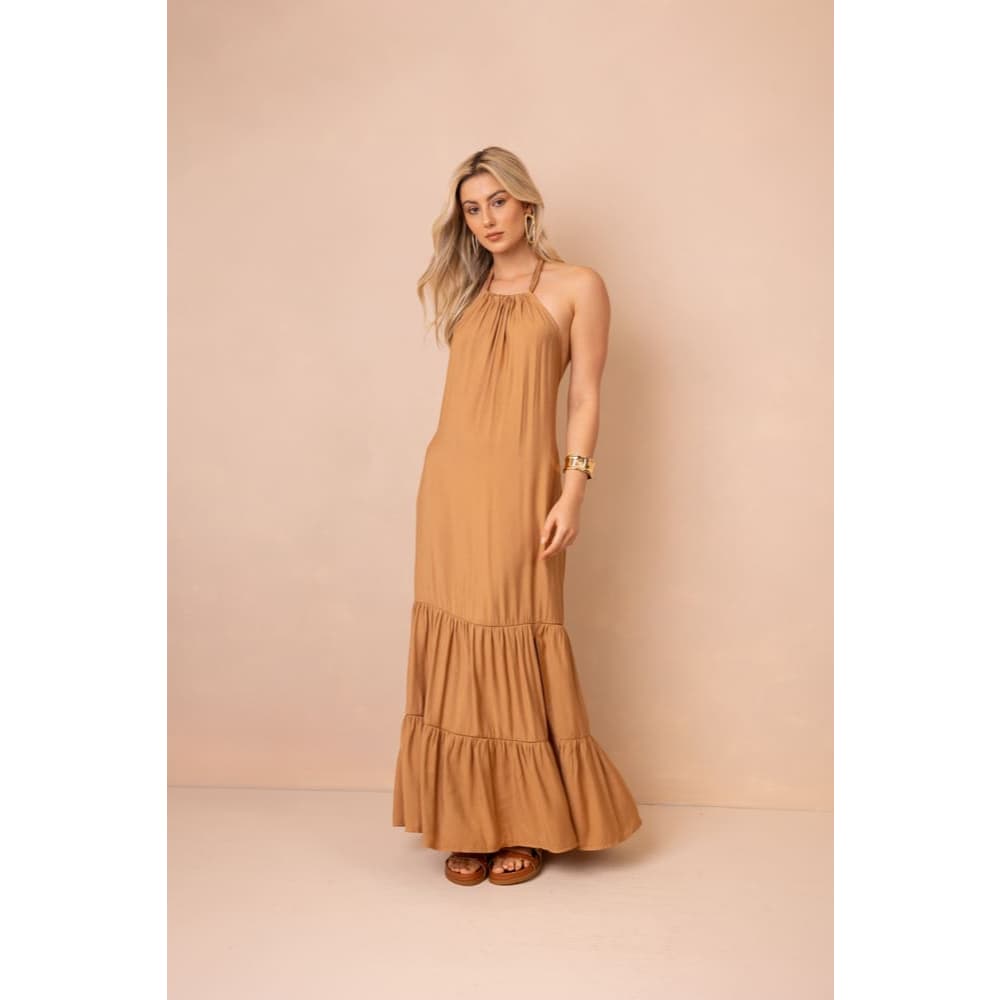 Vestido Feminino Nena Acetinado Gola Halter Costas Nuas Slim Plus Size Elegante Verão Moda Festa