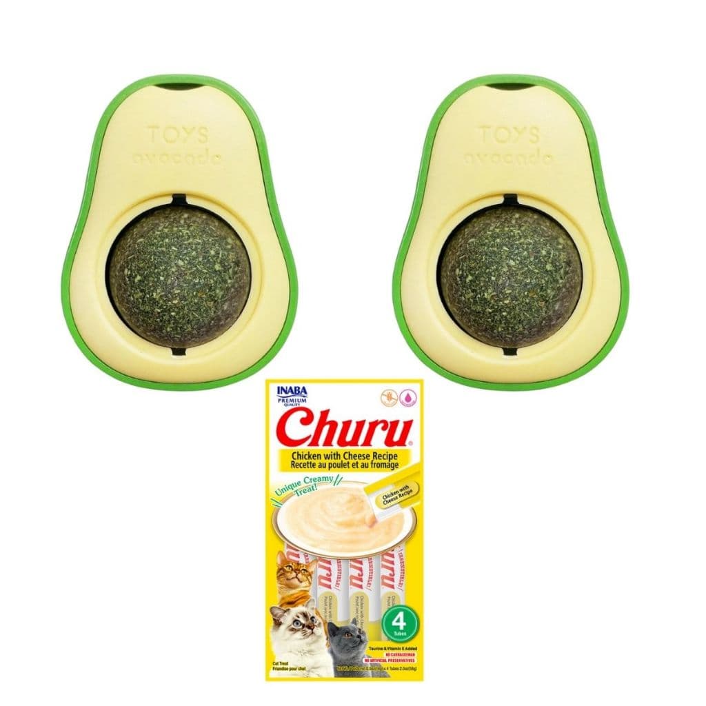 Kit 2 Brinquedos Abacate com Catnip e 4 Churu para Gatos Diversão e Estímulo