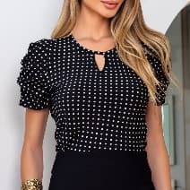 Blusa ELEGANTE Bufante manga curta feminina poá bolinha estampa Leve Moda MODERNA verão