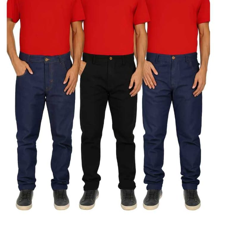 KIT 3 CALÇAS MASCULINA JEANS COM ELASTANO TRADICIONAL BARRA LARGA CORTE RETO CORES VARIADAS