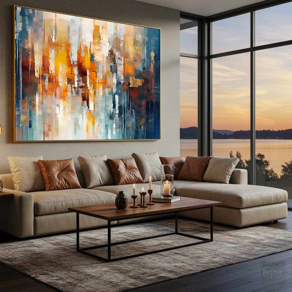 Quadro Decorativo Abstrato Luxo Moderno Em Tecido Canvas LAranja e Azul