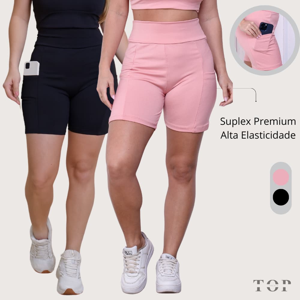 Short Feminino em Suplex Cintura Alta Cós Largo com Bolsos Lateral Porta Celular
