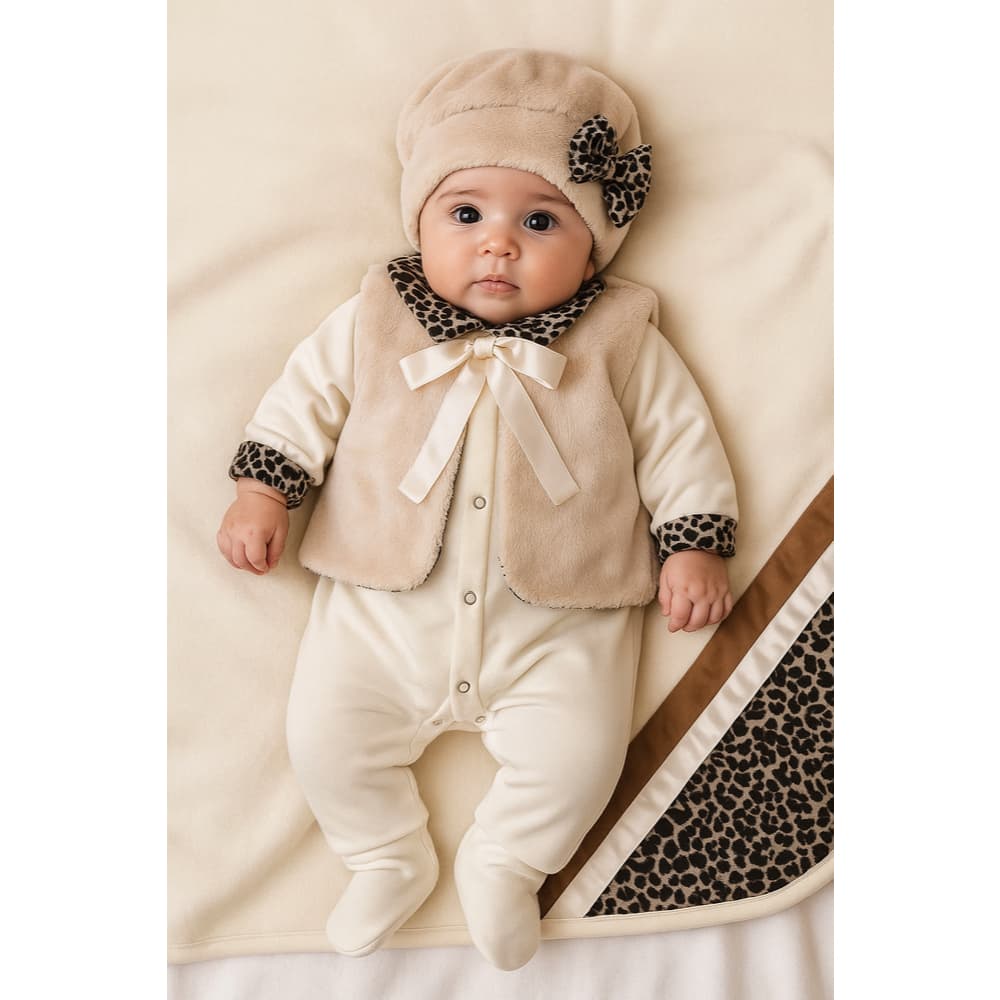 Kit Saída de Maternidade Para Bebe Menina com Coletinho , Oncinha 05 peças Vermelho/Creme/Rosa