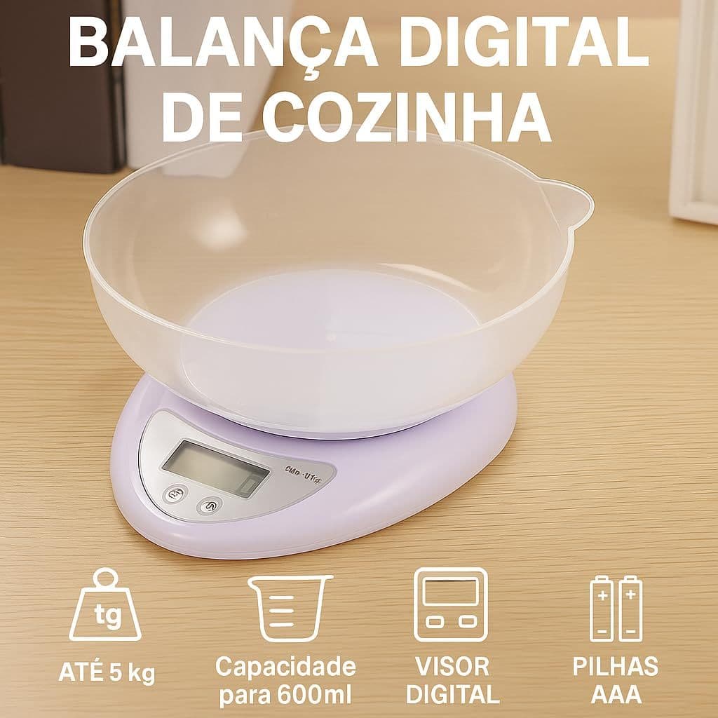 Balança Digital de Cozinha Alta Precisão com Bandeja, Capacidade 5kg, Display LCD, Branca    Balança Culinária 5kg