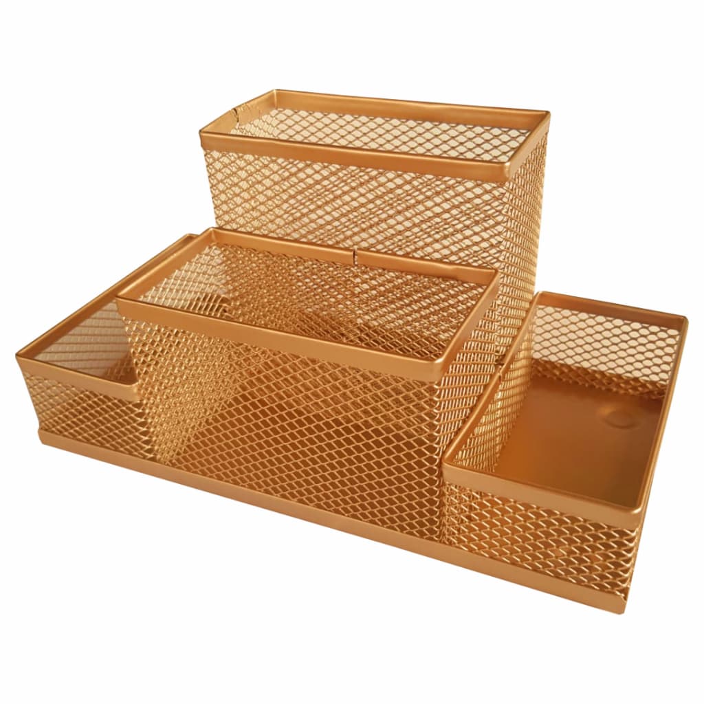 Organizador Dourado 4 Divisórias Porta Lápis Caneta De Mesa Aramado Metal