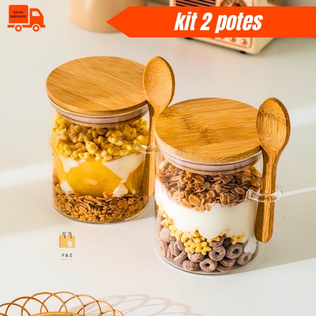 Kit 2 Potes De Vidro Hermético Com Colher Tampa Bambu 410 ml Cozinha Organização