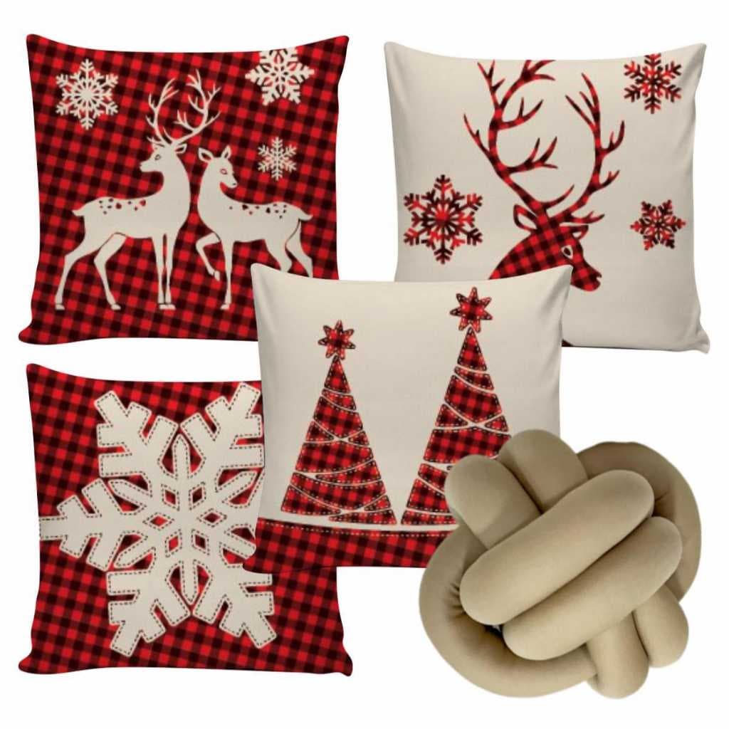 Kit 4 Capas de Almofadas Natalina Decorativas 45x45cm + Almofada de Nó Feliz Natal Quarto Sala