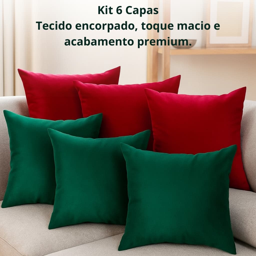Kit 6 Capas Almofada Suede Premium 40x40 | Vermelho e Verde Elegante