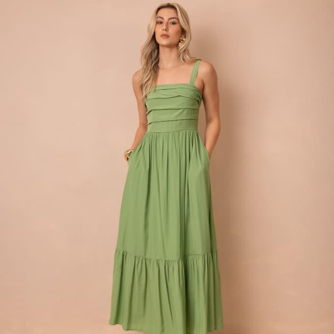 Vestido Longo Feminino Emma Slim Drapeado Alcinha Elegante Estilo Princesa Moda Festa Verão