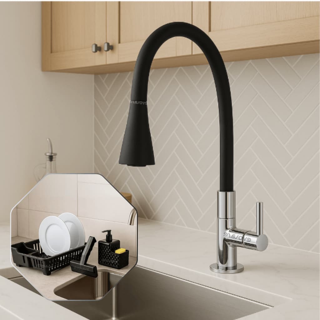 Kit de Cozinha Torneira Gourmet Flexível 2 Jatos + Kit Escorredor Dispenser e Rodinho - Preto