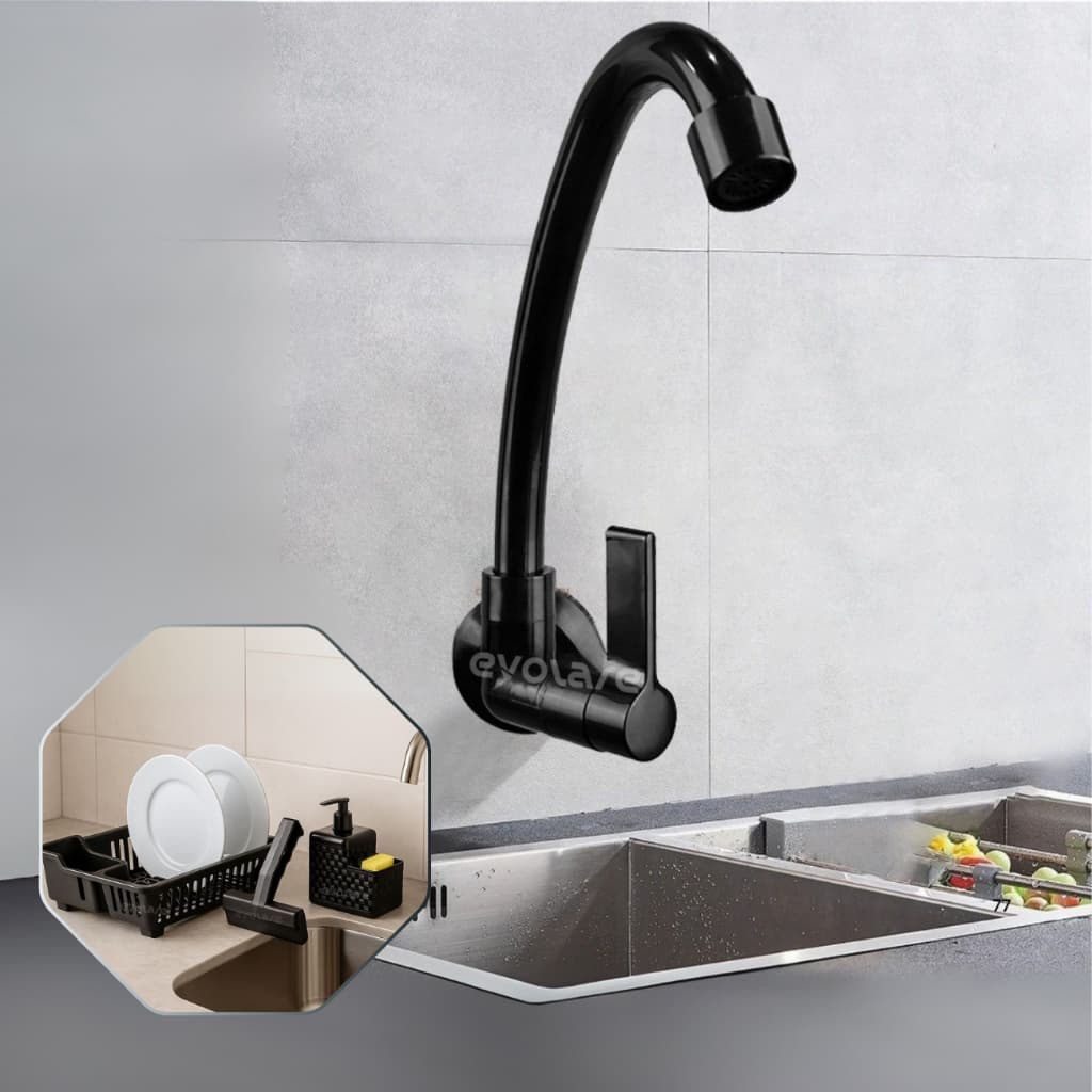 Kit para Cozinha Torneira de Parede 1/4 de Volta em ABS + Kit Escorredor Rodinho e Dispenser - Preto