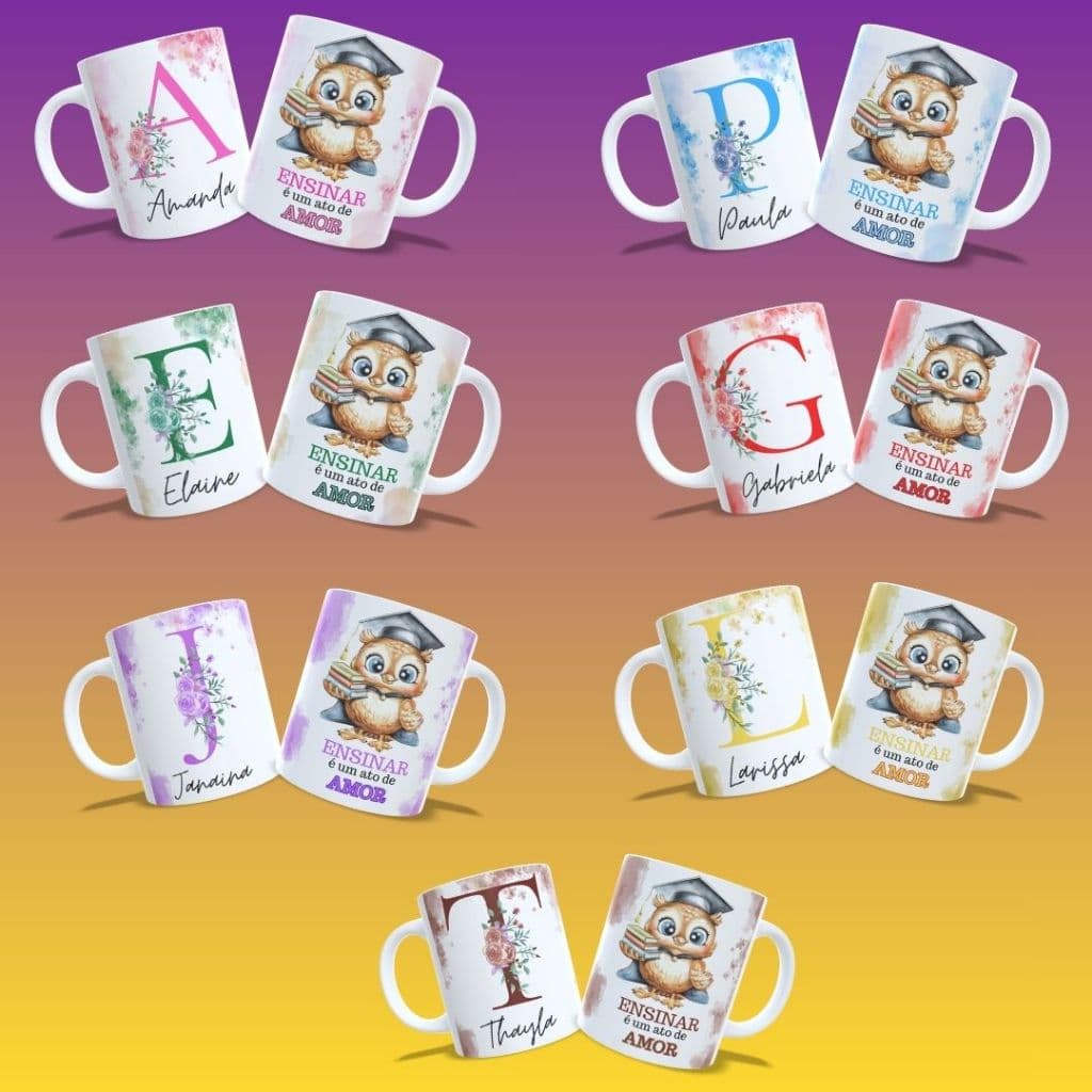 Caneca Personalizada Com Nome Dia dos Professores – Coruja e Inicial