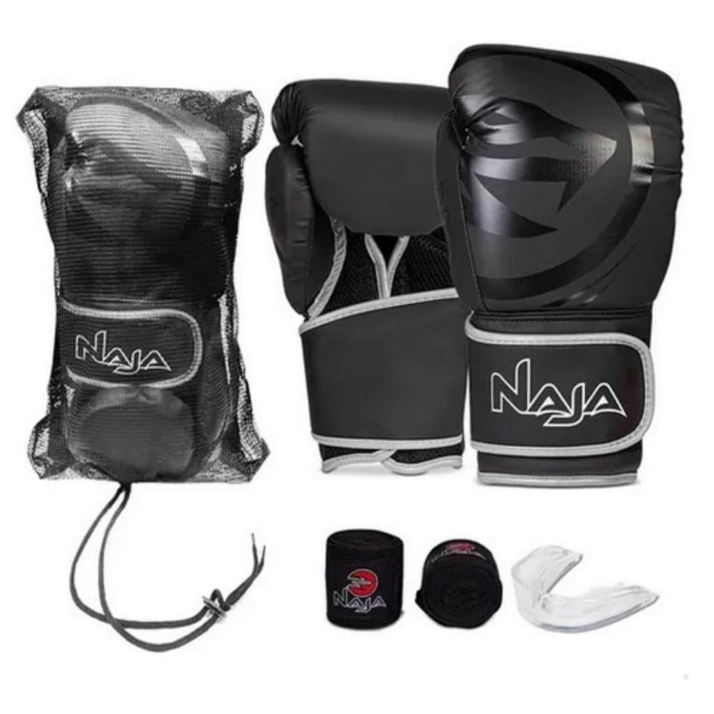 Naja Luva Boxe Black + Bandagem rápida 2,5m + Protetor Bucal + Bolsa