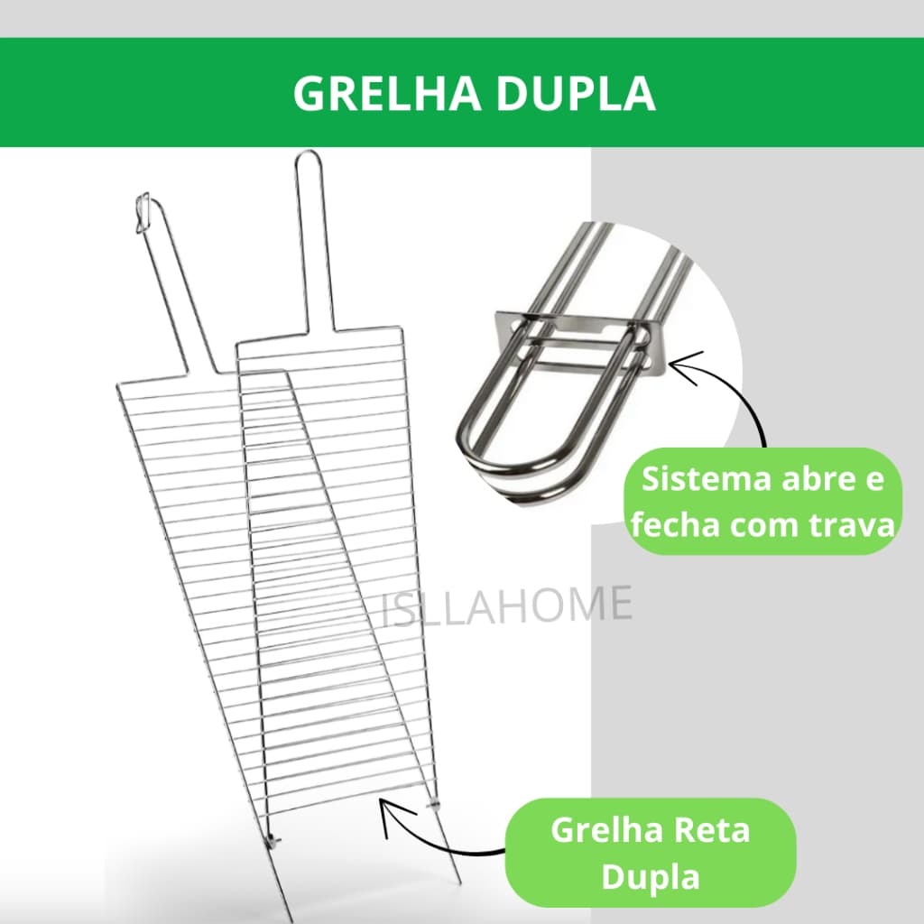 Grelha Dupla Churrasco 58,5x17cm – Abre e Fecha com Trava, Resistente e Prática