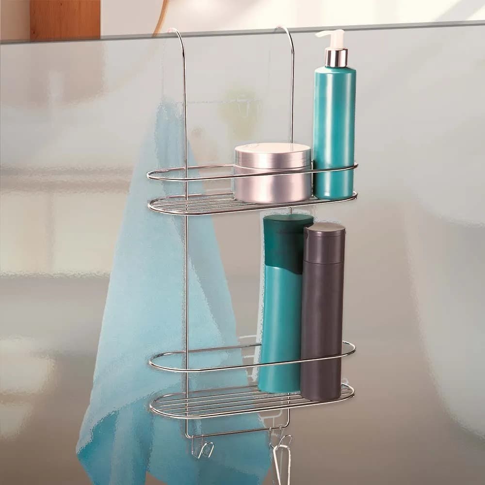 Suporte Cromado Duplo para Box Porta Shampoo, Sabonete e Toalhas