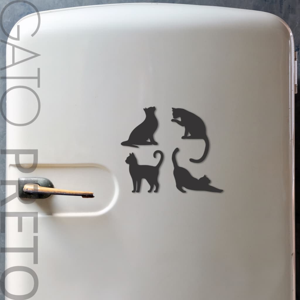 Kit Imãs De Geladeira 04 Gatinhos Conjunto Madeira MDF Com Imã Preto Fosco