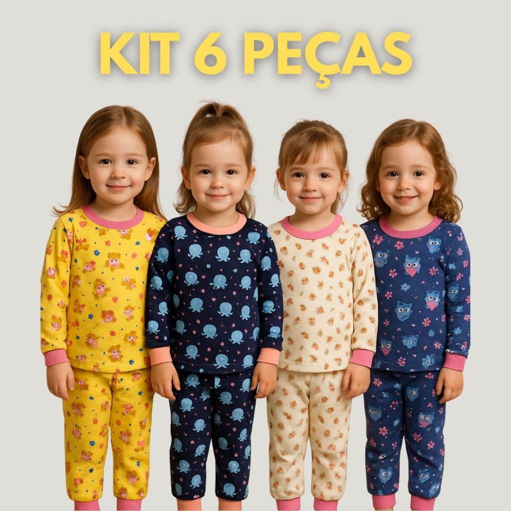 Kit 6 Peças Pijama Infantil Estampado Menina Feminino 3 Blusas Manga Longa 3 Calças Com Punho Para Dormir