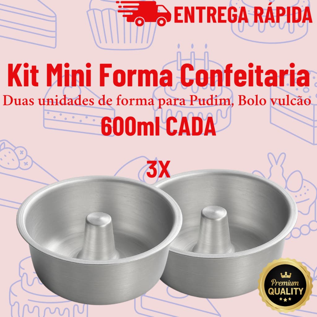 Kit com 3 Mini Forma 600 ml de Alumínio Para Pudim Quindim Bolo Vulcão