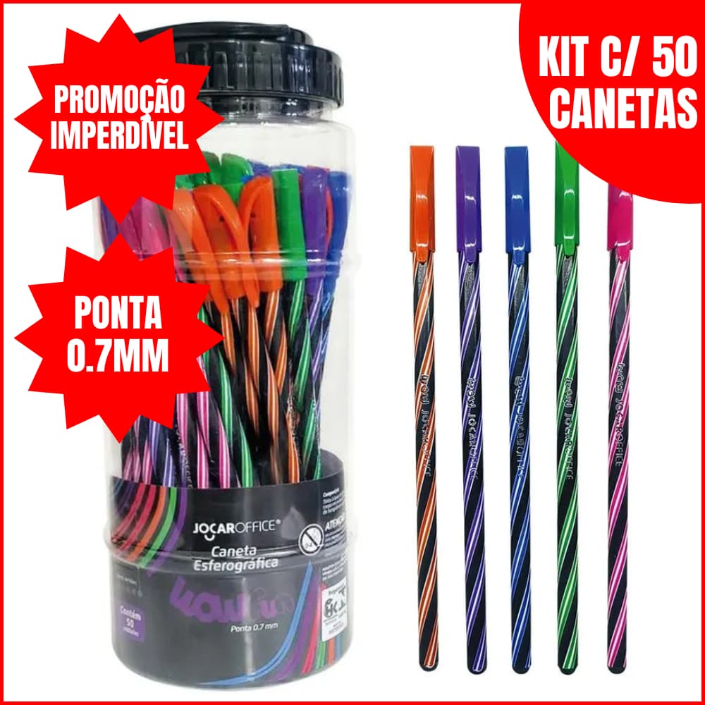 Kit 50 Canetas Esferográficas Wow Espiral Ponta Fina 0,7mm Colorida/Preto