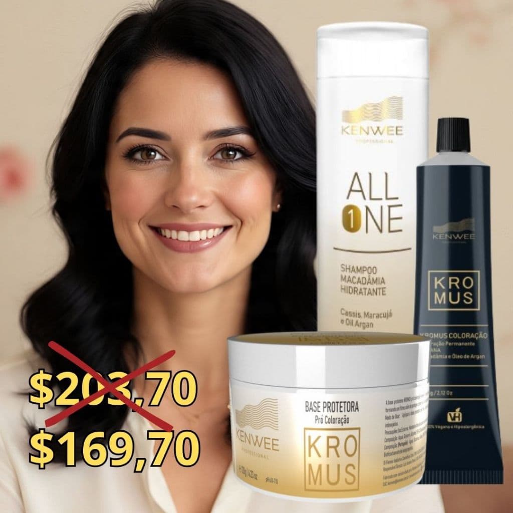 Kit com Coloração Cor Preta, Base Progetora para a Pele e Shampoo Hidratante All One Pós-Coloração Kenwee