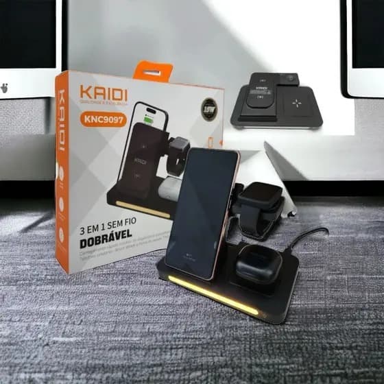 Carregador Por Indução Dobrável 3 Em 1 Sem Fio Kaidi Android iOS Smartwatch Smartphone Fone