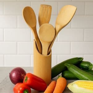 Conjunto Talheres Bambu Jogo Com 5 Peças Utensílio Cozinha