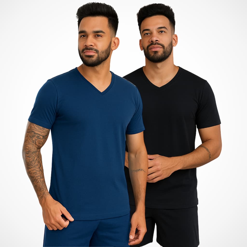 Kit 2 Pijama Masculino manga Curta Gola V com bermuda e camisa lisa basica