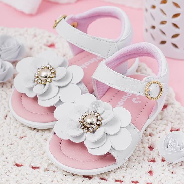 Sandália Bebê Menina Pinokio Com Flor 3D Pérola Festa Batizado Branco Infantil Confortável promoção