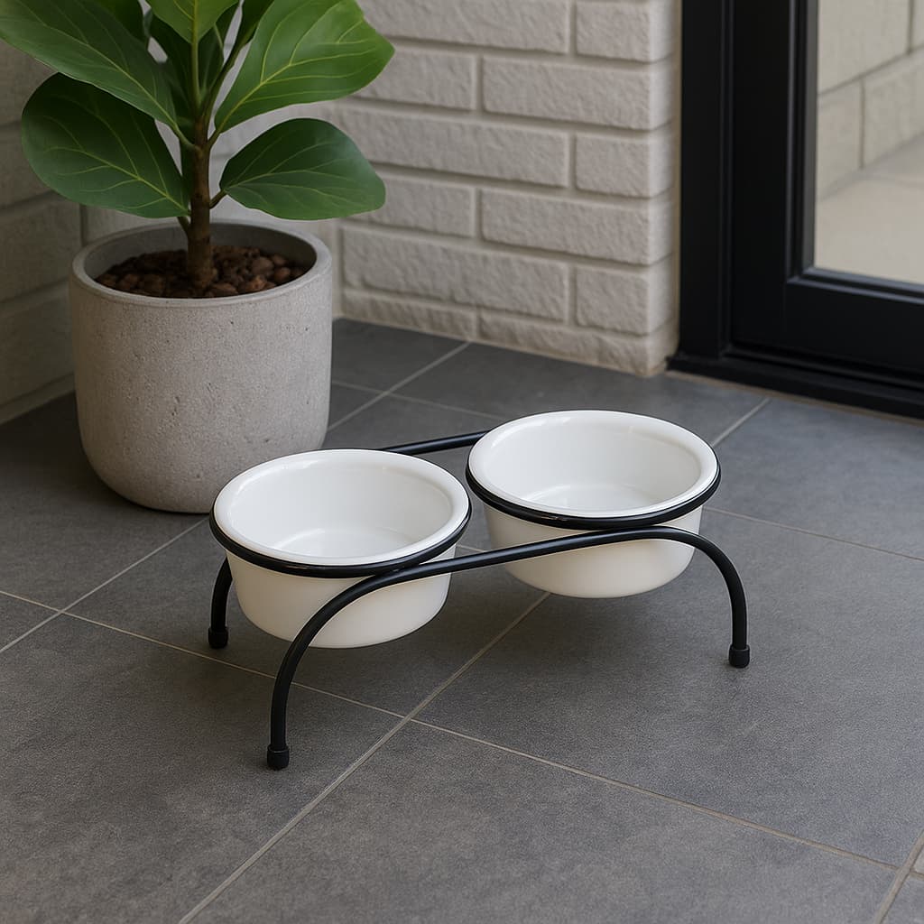 Comedouro Elevado Duplo em Porcelana com Suporte – Tamanhos P, M e G