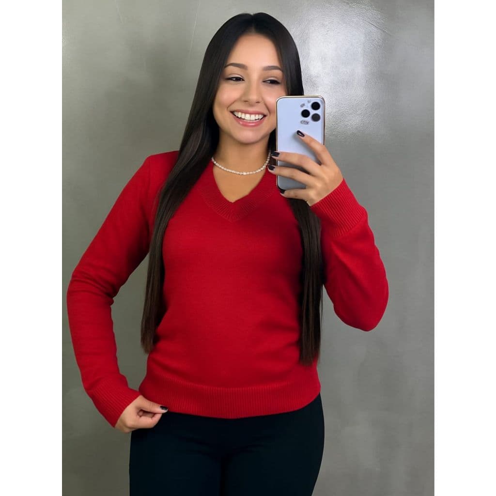 Blusa Suéter Segunda Pele Feminino Tricô Básica Gola V Manga Longa Tricot Moda Outono/Inverno