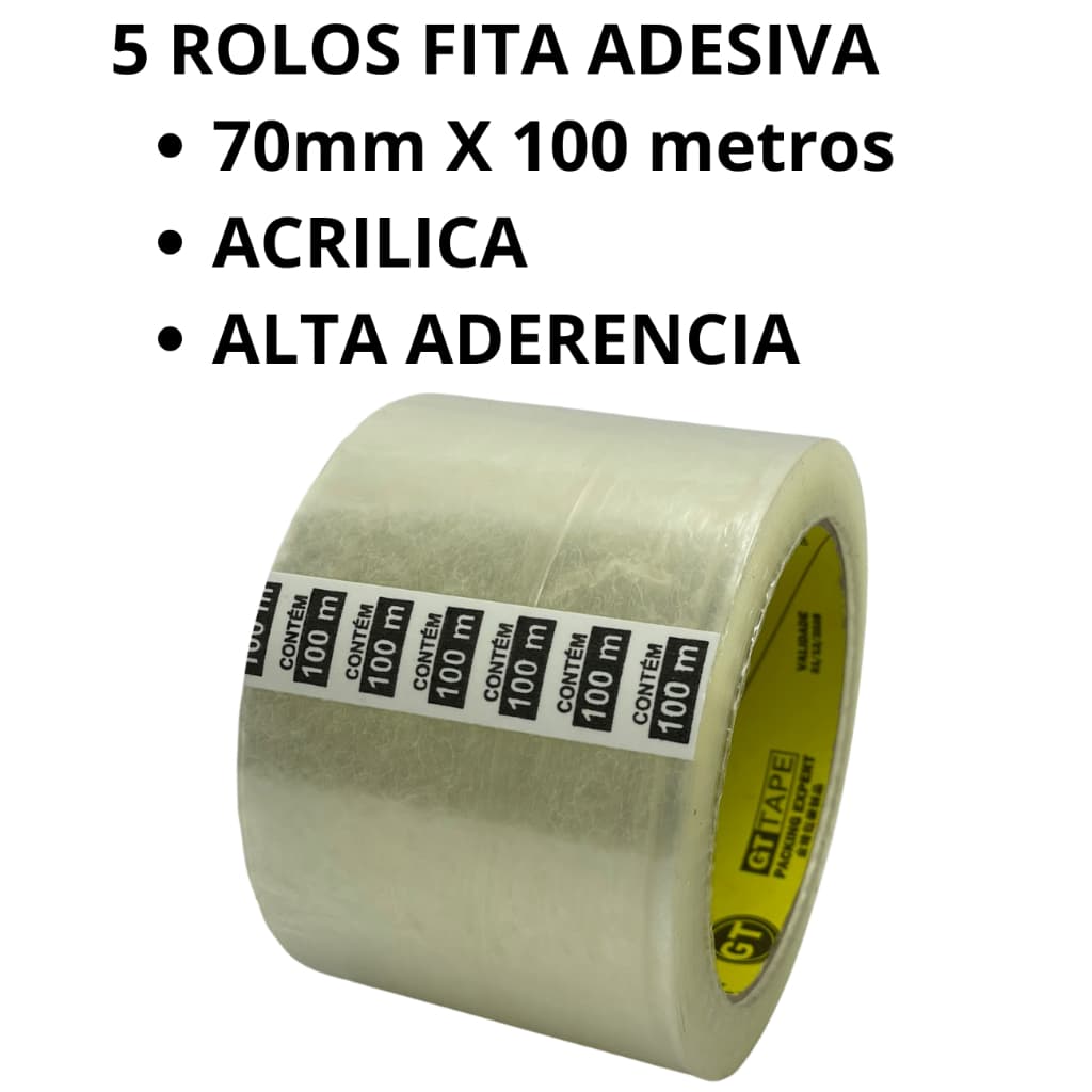 FITA ADESIVA 70mm x 100mts - 5 ROLOS FECHAMENTO CAIXA DUREX LARGO