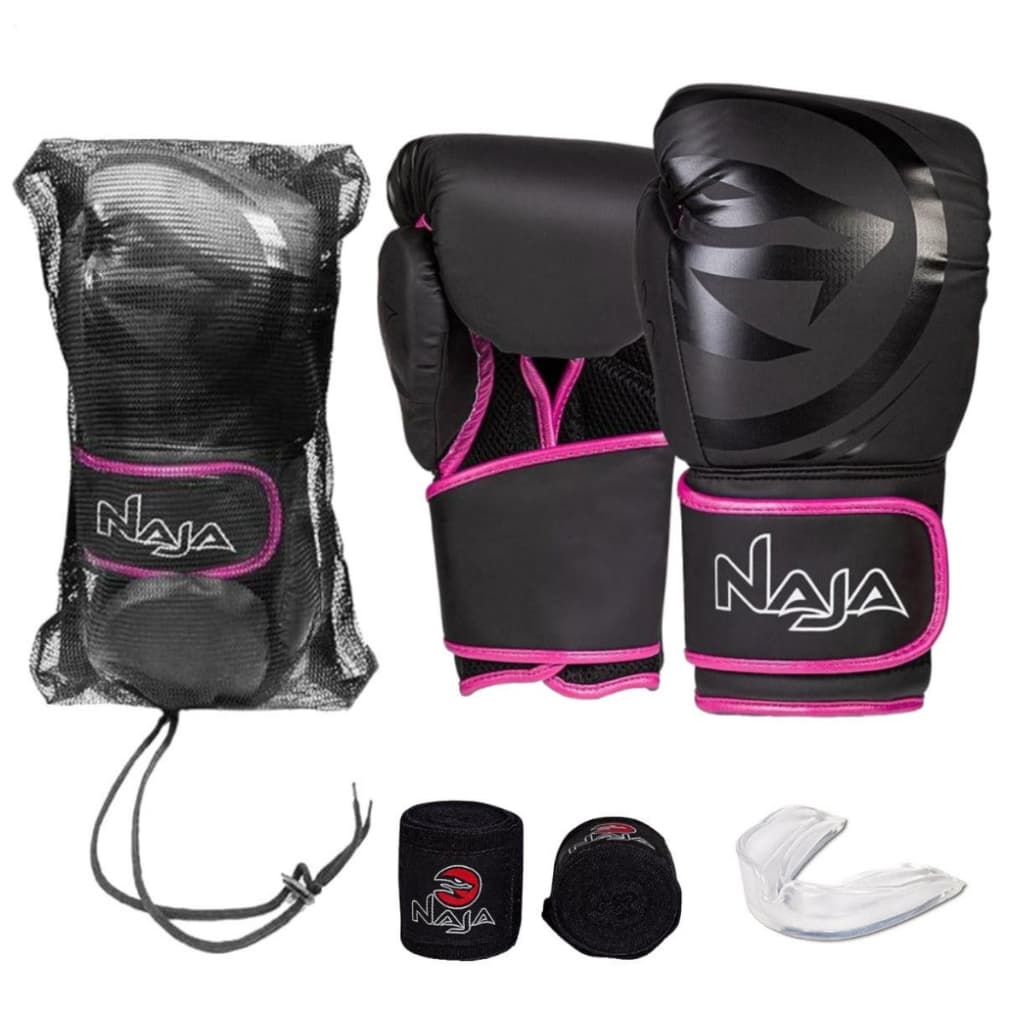 Luva Boxe / Muay Thai Naja Black - Bandagem 2,5m + Bucal Transparente