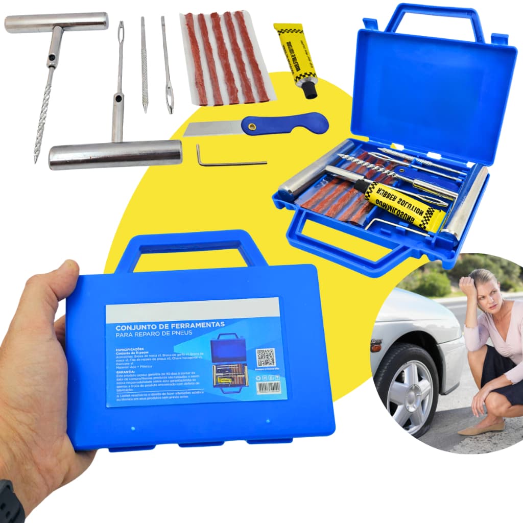 Kit Remendo Macarrão Reparo Conserto Furo Remendo Pneu Carro Moto Sem câmara Metal 12pçs + Maleta